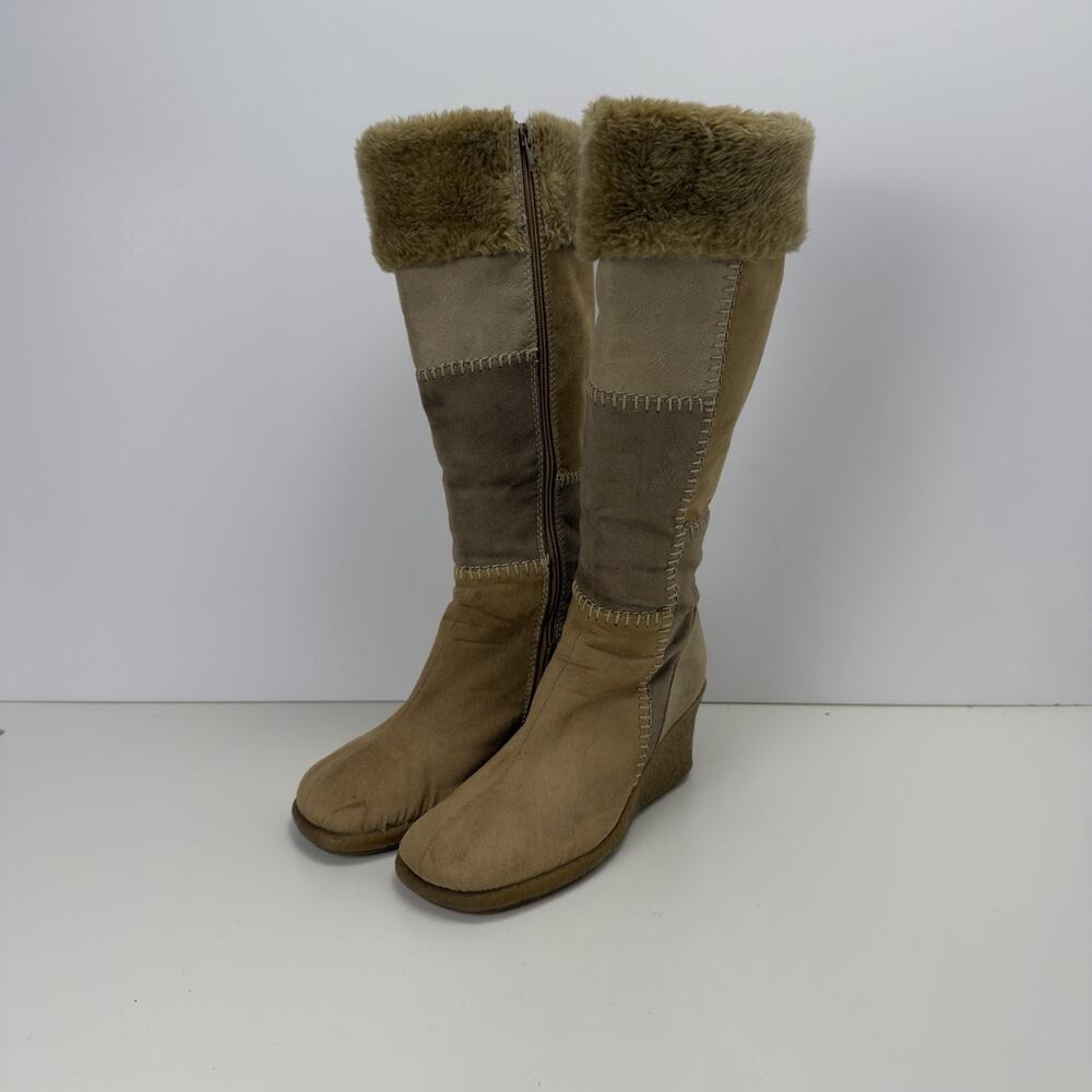 Y2K Wanted Faux Suede Patchwork Mid-Calf Wedge Boots — Women's Size 8